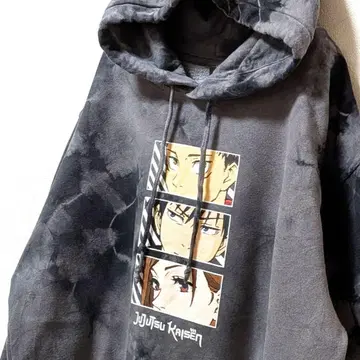 주술회전 로고 올 패턴 후드 맨투맨 타이 다이 블리치 L 구제 의류