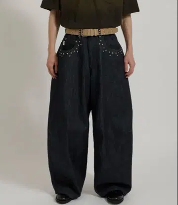 Perushu 실버 스터드 리지드 데님