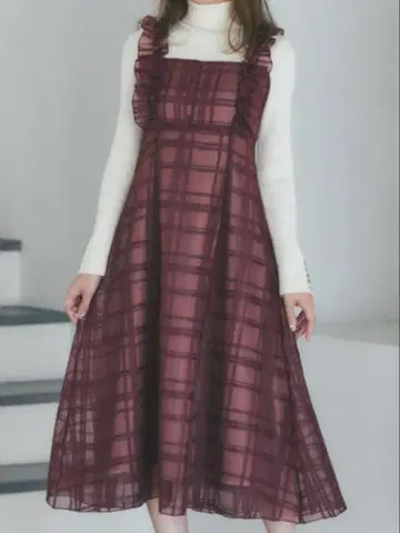 프릴 달린 백 레이스업 시어 체크 원피스