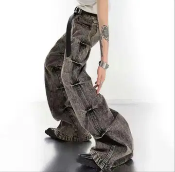 데미지 데님 y2k opium 다크 그레이 와이드 레그 데님 팬츠