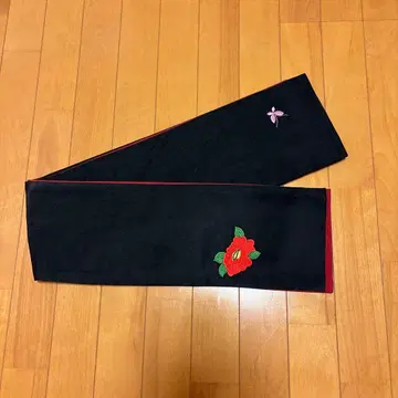 후리후 블랙 레드 꽃 자수 반폭 오비