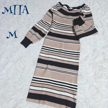 [미아] 랜덤 보더 봉긋한 소매 롱 니트 원피스 M 슬림 브라운