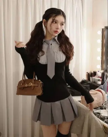 darich 다리치 셔츠 도킹 니트 미니 원피스