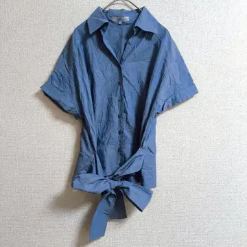 s0800 [비아지오 블루] 데님풍 반팔 리본 벨트 셔츠 코튼 100%
