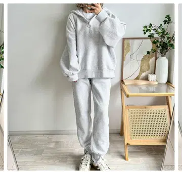 와플 하프 지퍼 셋업 여성용 라이트 그레이