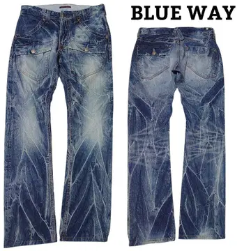 블루웨이 오니히게 유즈드 가공 데님 청바지 일본제 Y2K W30