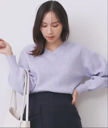 택 포함 새상품 index 편직 V넥 박스 퍼프 니트 색스 블루