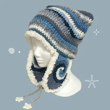 소용돌이 고양이 귀 니트 모자 블루 화이트 그레이