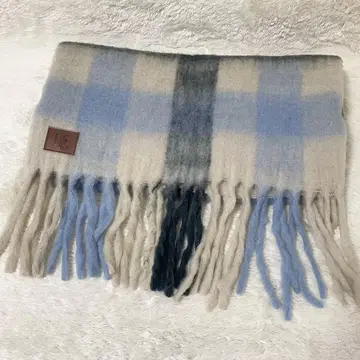 HOBI HB 로고 볼륨 머플러 체크 울 혼방 블루