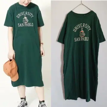 코엔 coen USA 코튼 프린트 로고 T 반팔 원피스 불독 짙은 녹색