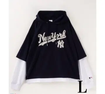 새상품 MLB 페이크 레이어드 후드티 남성용 네이비 L 양키스