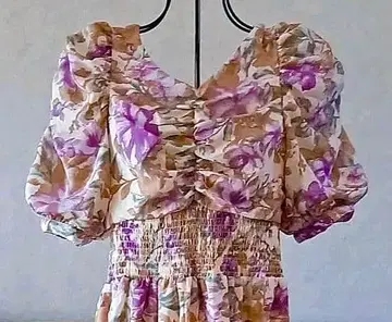 꽃무늬 퍼프 슬리브 롱 원피스