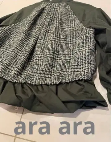ara ara 트위드 블루종 체크 그린 밑단 플레어 더블 지퍼