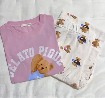 미사용 새상품 젤라또피케 룸웨어 곰 베어 로고 핑크 반팔 롱 바지