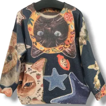 고양이 니트 스웨터 풀오버 멀티 컬러 오버사이즈