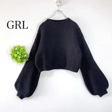 GRL [ F ] 크롭 니트 스웨터 벌룬 슬리브 숏 블랙