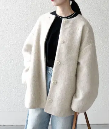 SHIPS any 울 믹스 샤기 노카라 코쿤 코트