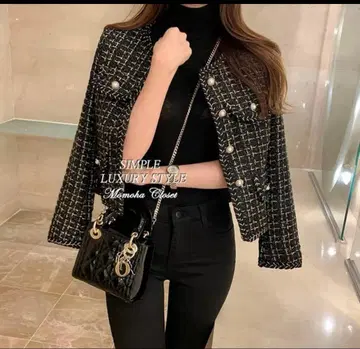 MINAGRAM 노카라 자켓 블랙과 금색 트위드 M 사이즈