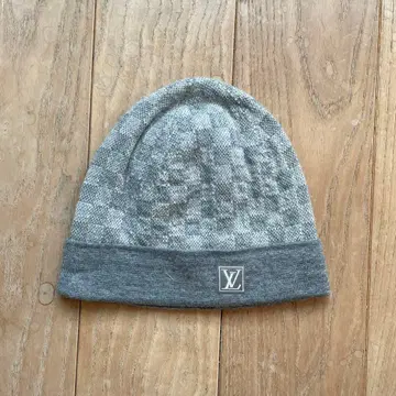그레이 다미에 패턴 니트 모자 LV 로고