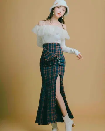 Crayme, 벨트 프렌지 트위드 머메이드 스커트