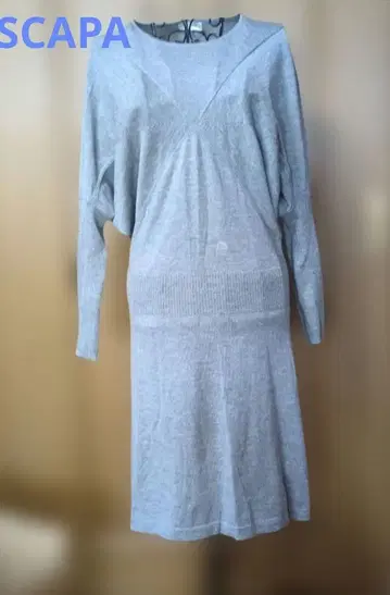 SCAPA 울 100% 그레이 긴팔 니트 스웨터 드레이프 디자인 롱 기장