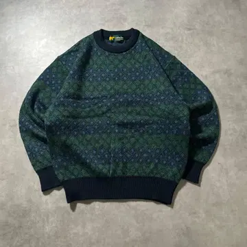빈티지 올 패턴 그린 기하학 레트로 아트 패턴 니트 스웨터