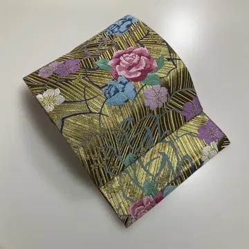 No.2906 순수 실크 당직 장미 벚꽃 금박 후쿠로 오비 새상품급