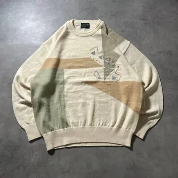 빈티지 올 패턴 기하학 자수 레트로 절개 디자인 니트 스웨터