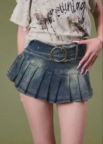 디스파크 데님 플리츠 미니 스커트 벨트 포함