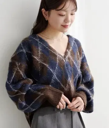 Kastane 아가일 기모 니트 가디건