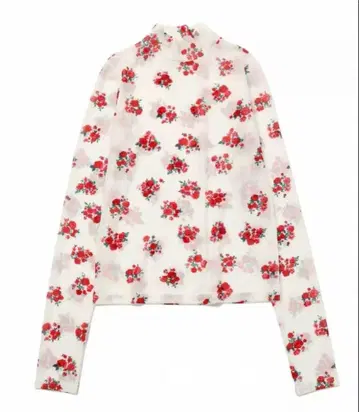 POPPY 플라워 프린트 레드 부케 시스루 상의 빨간색 하이넥