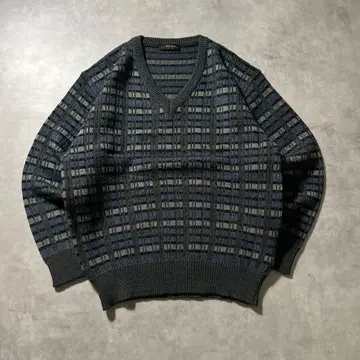 빈티지 올 패턴 기하학 V넥 디자인 레트로 니트 스웨터