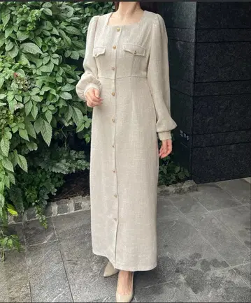 새상품급 주노아 골드 버튼 얇은 소재 트위드 타이트 원피스 포멀 결혼식