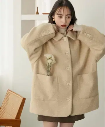 hinari 스탠칼라 샤기 미들 코트