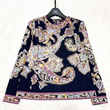 레오나르 티셔츠 페이즐리 꽃무늬 울 실크 트리밍 네이비 L