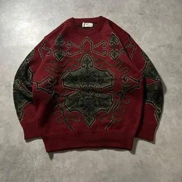 빈티지 기하학 레드 올 패턴 레트로 아트 패턴 니트 스웨터