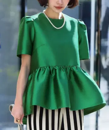 ELFRANK 퍼프 슬리브 페플럼 절개 상의 엘프랭크