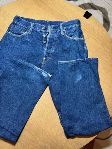 에비수 스트레이트 데님 파랑 백 포켓 자수