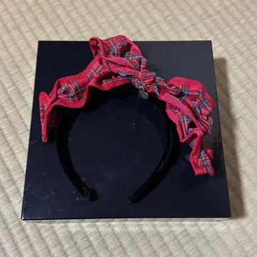 MILK 빨간색 체크 무늬 프릴 리본 머리띠