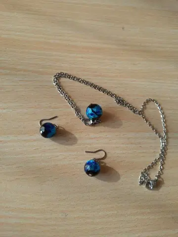 파랑과 블랙 비즈 목걸이와 링 귀걸이 세트