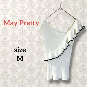 메이프리티 [ M ] 프렌치 슬리브 프릴 리브 니트 페미닌 비대칭