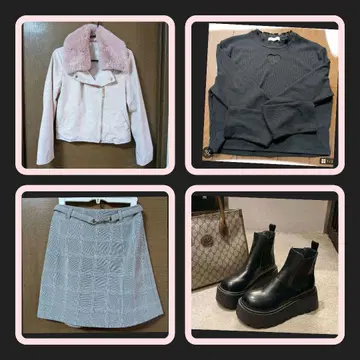 [ 묶음 판매 ] 핑크 퍼 자켓 코디 여성용 의류 4종 세트