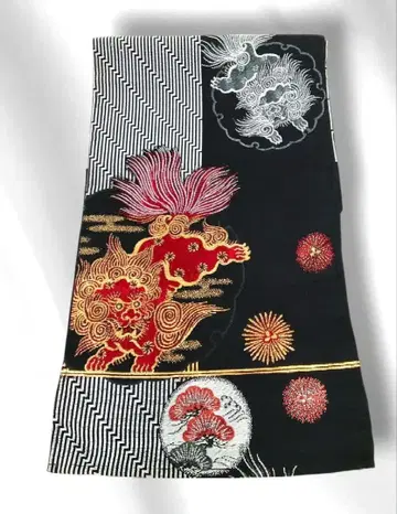 앤티크 당사자 줄무늬 나고야 오비 블랙 빨간색 사자 #1510