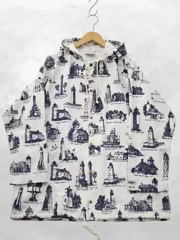 미시건 러그 코 빈티지 올 패턴 등대 프린트 버튼 업 후드티 M