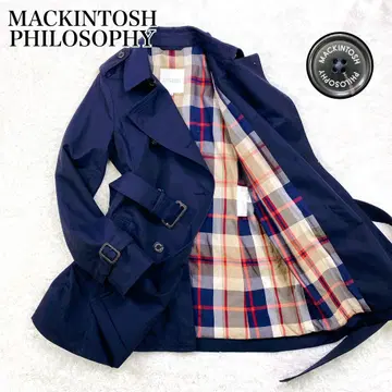 컨디션 최상 매킨토시 트렌치코트 네이비 체크 미들 벨트 포함