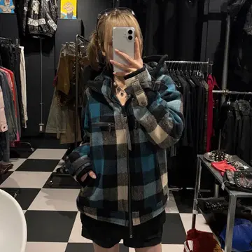 Used Y2K 체크 울 블루종 코트 후드 부착 펑크