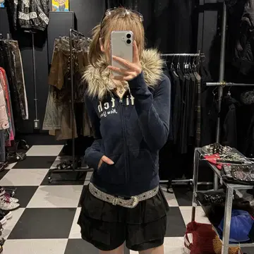 아바클로 집업 후드티 퍼 후드티 갸루 핏 짧은 기장 네이비