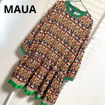 MAUA 컬러풀 원피스 긴팔 오렌지 계열 무릎 기장 크루넥 티셔츠