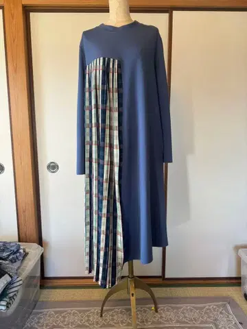 Ear papillonner 블루 롱 원피스 체크 무늬