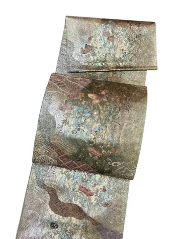 A16 새상품급 후쿠로 오비 육통 혼례 린파 패턴 금실 순수 실크 그린